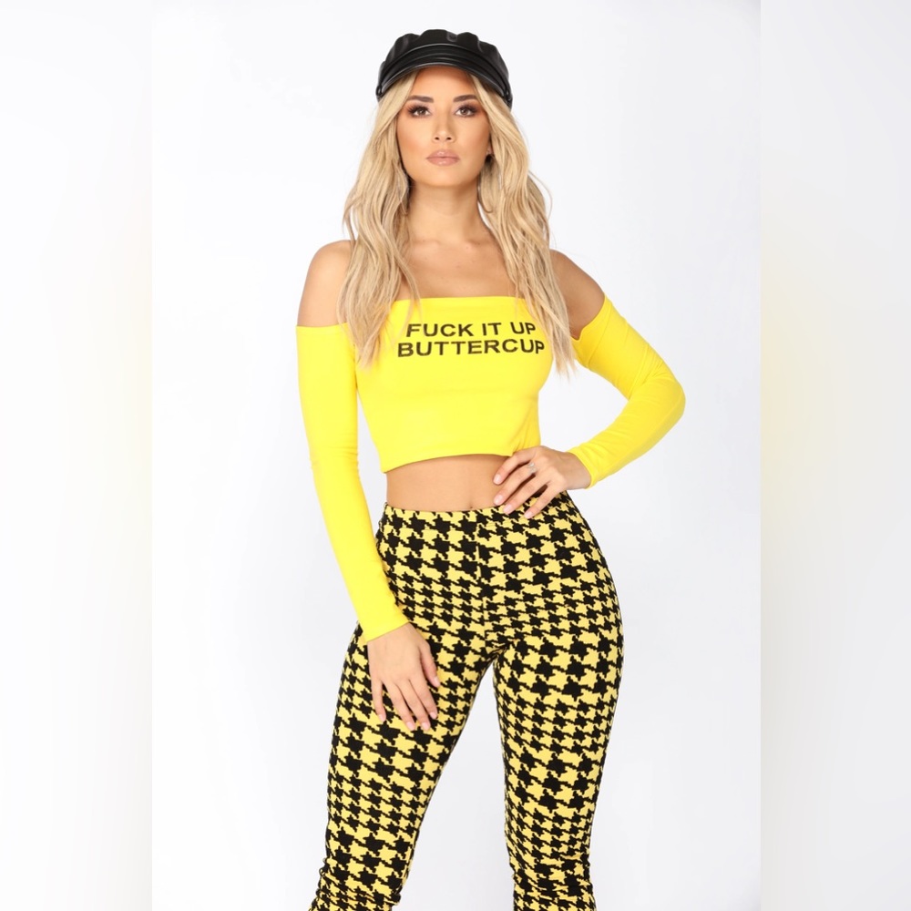 Fashion Nova Yellow Off-Shoulder Crop Top ‘F it up buttercup’ 🐝 💛🖤 - Picture 2 of 5